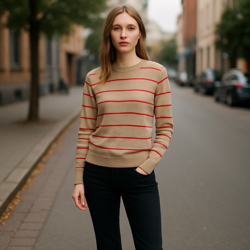 Vintage 90s Traditionalist Striped Boyfriend Sweater Beige Red Sz Small